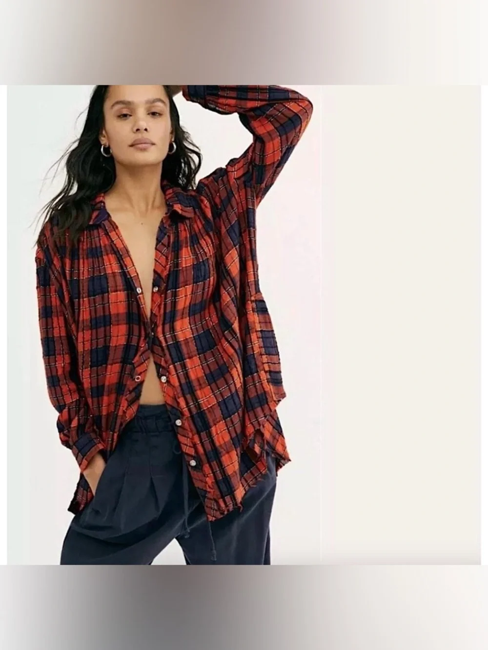 Free People Red Navy Plaid Button Down Shirt Boho Grunge Flannel Size Medium - Picture 4 of 11